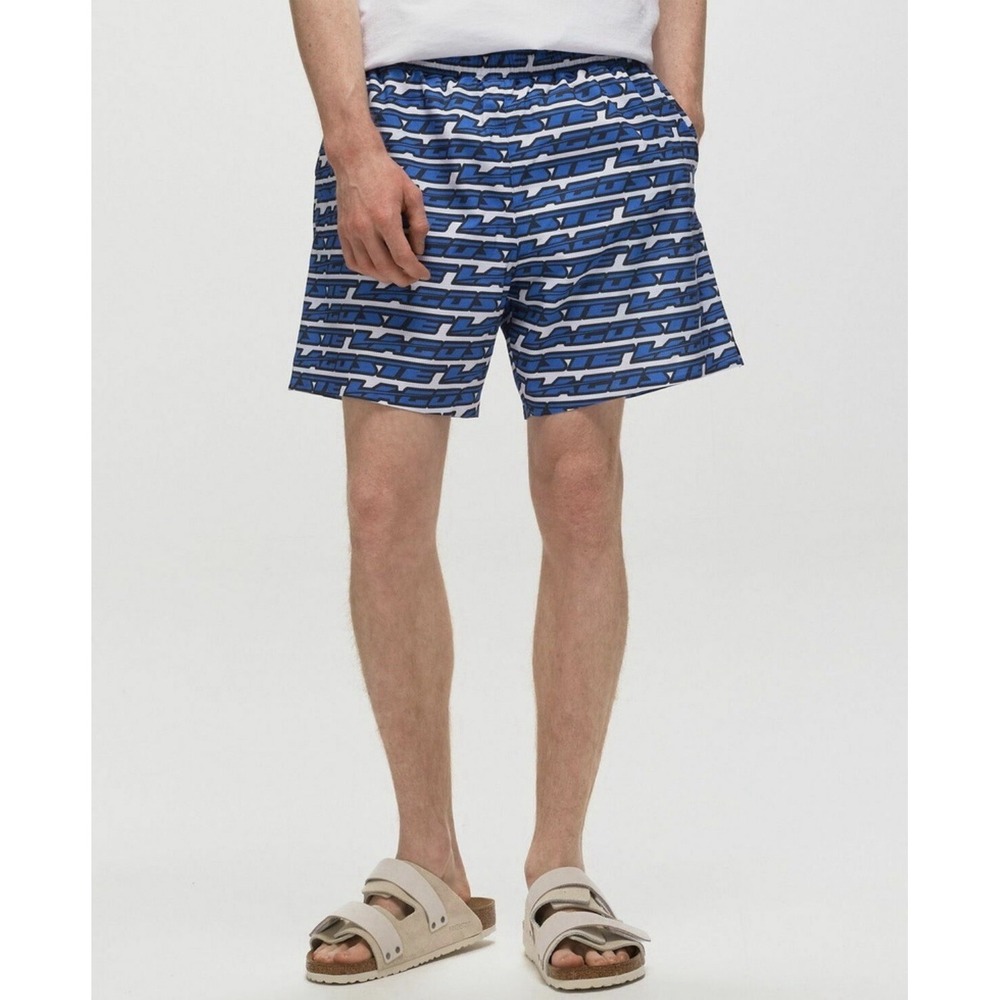 Lacoste Maillot De Bain Blue Swimwear Men's Size Large Black Back Logo And Print
